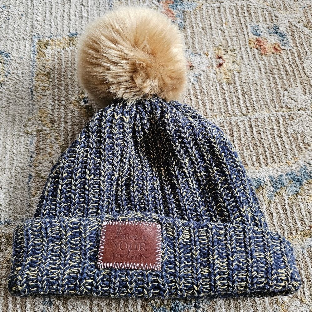 Love Your Melon Beanie With Brown Leather Patch And Removable Pom Pom